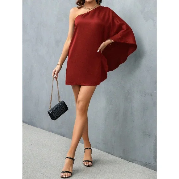 One Shoulder Batwing Sleeve mini Dress black - Picture 4 of 8